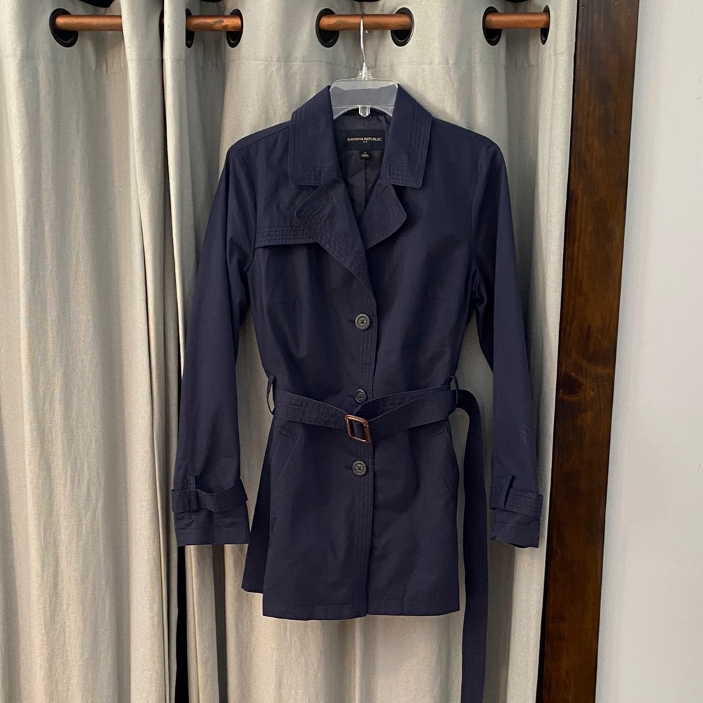 Banana Republic Classic, Belted Dark Blue Trench Coat, Size Medium